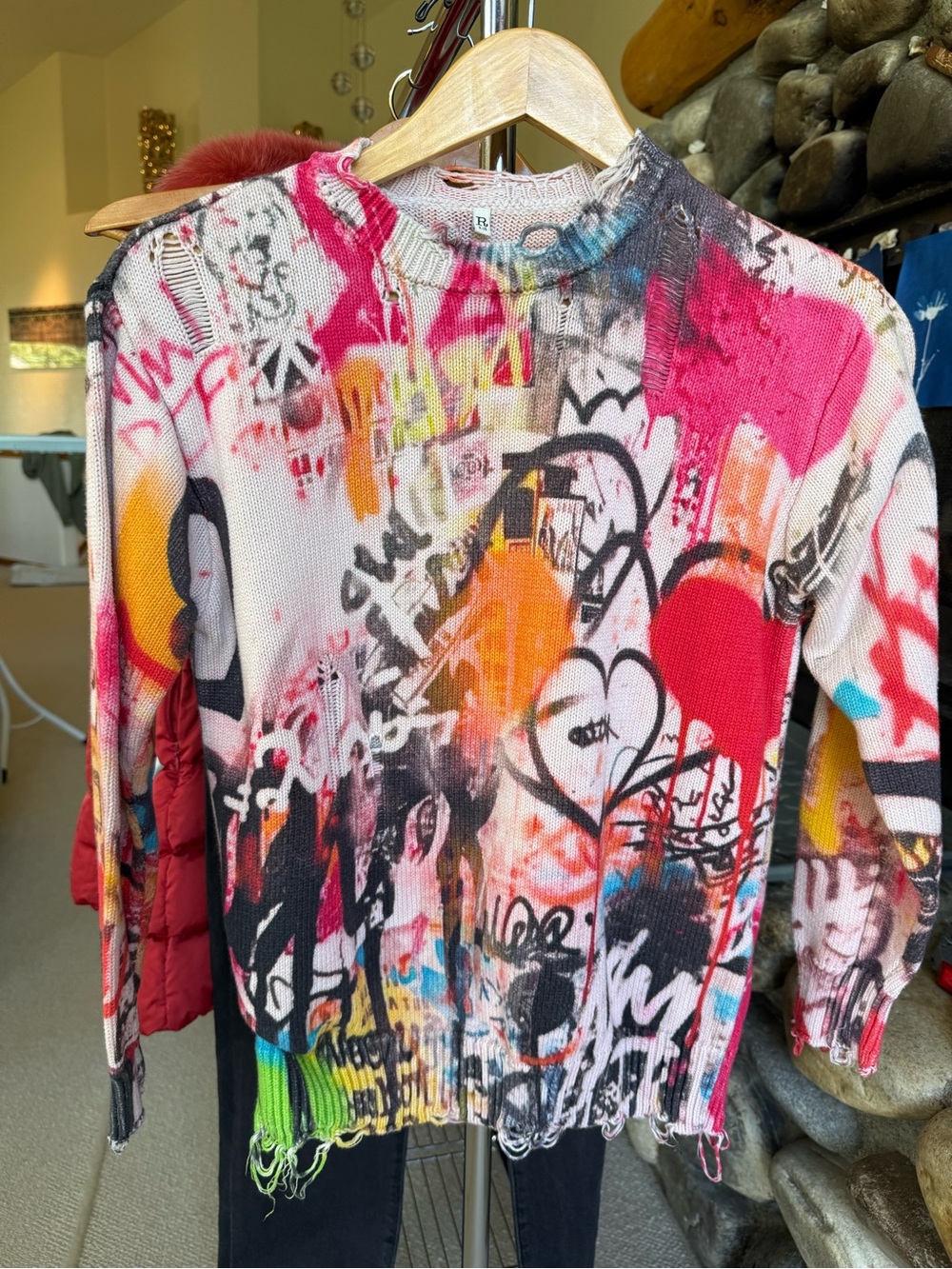 R13 Multicolor Graffiti-Print Distressed Crewneck Sweater